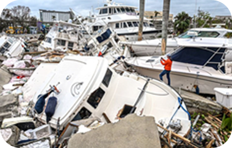 Image of damaged boat at fort Meyers Florida during Hurricane Ian